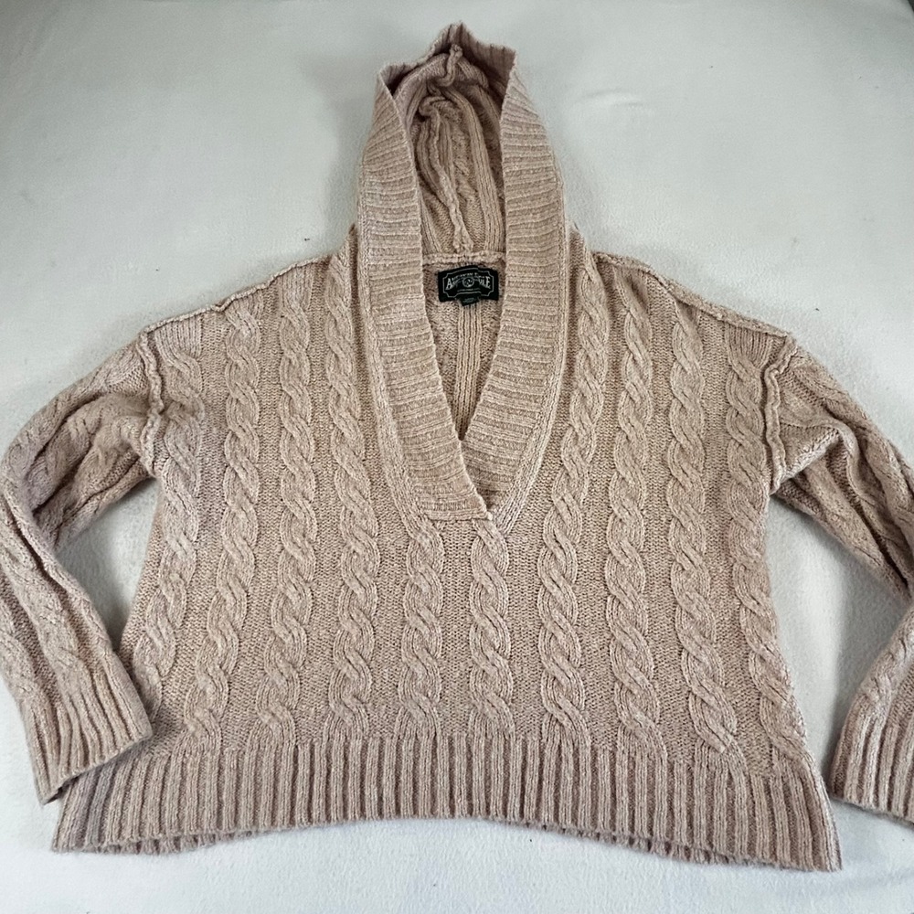 American Eagle Kids Tan Cable Knit Hooded V-Neck Oversized Sweater Small